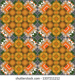 Vector colorful symmetrical seamless pattern for textile, tiles and design in orange, green and white tones.