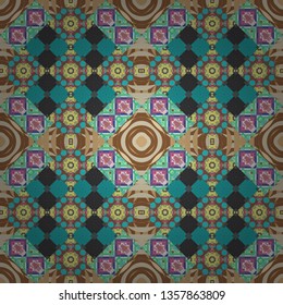 Vector colorful symmetrical seamless pattern for textile, tiles and design in brown, blue and gray tones.