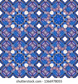 Vector colorful symmetrical seamless pattern for textile, tiles and design in violet, blue and purple tones.