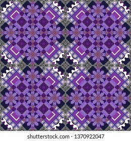 Vector colorful symmetrical seamless pattern for textile, tiles and design in purple, violet and black tones.