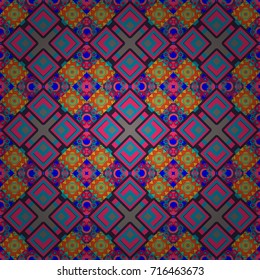 Vector colorful symmetrical seamless pattern for textile, tiles and design in blue, pink and violet tones.