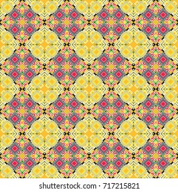 Vector colorful symmetrical seamless pattern for textile, tiles and design in beige, green and yellow tones.