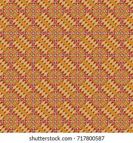 Vector colorful symmetrical seamless pattern for textile, tiles and design in orange, red and beige tones.