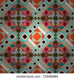 Vector colorful symmetrical seamless pattern for textile, tiles and design in neutral, orange and blue tones.