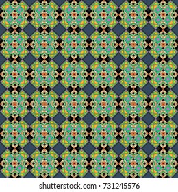 Vector colorful symmetrical seamless pattern for textile, tiles and design in blue, green and yellow tones.