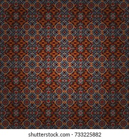 Vector colorful symmetrical seamless pattern for textile, tiles and design in orange, gray and black tones.