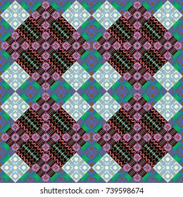 Vector colorful symmetrical seamless pattern for textile, tiles and design in black, blue and green tones.