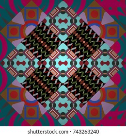 Vector colorful symmetrical seamless pattern for textile, tiles and design in blue, black and gray tones.