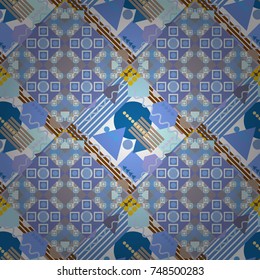 Vector colorful symmetrical seamless pattern for textile, tiles and design in blue, gray and white tones.