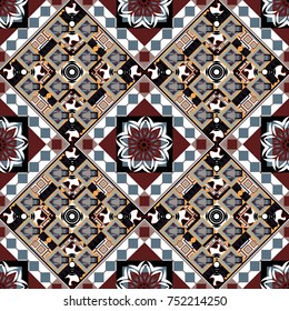 Vector colorful symmetrical seamless pattern for textile, tiles and design in black, white and gray tones.