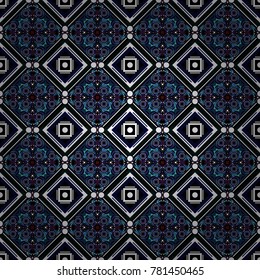 Vector colorful symmetrical seamless pattern for textile, tiles and design in black, violet and blue tones.