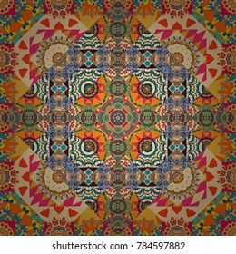 Vector colorful symmetrical seamless pattern for textile, tiles and design in blue, yellow and beige tones.