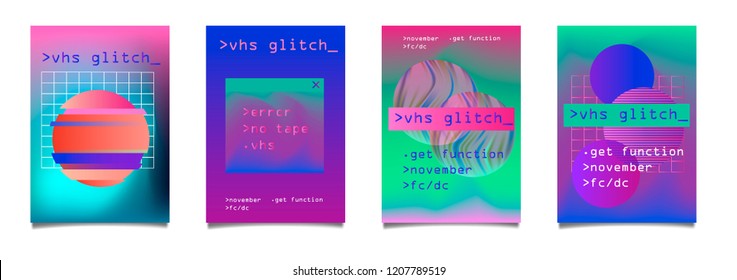 Vector colorful synthwave poster set. Circle and square shapes with modern TV distortion effect - lines and pixels, vhs glitch artifacts. Banner design, cover, club invitation, night party flyer.