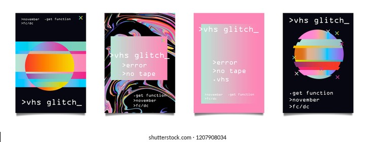 Vector colorful synthwave poster set. Circle and square shapes with modern TV distortion effect - lines and pixels, vhs glitch artifacts. Banner design, cover, club invitation, night party flyer.