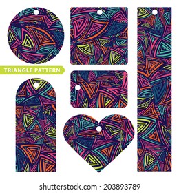 Vector colorful tag design set with abstract triangles. Ethnic pattern. Vector bright  graphics pattern. 