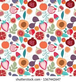 Vector colorful tasty trendy tropical fruits seamless pattern on dark background. Use for fabric collections, surface pattern designs, print on demand products. Perfect for textile design and prints.