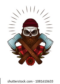 Vector colorful Tattoo of skull lumberjack. Print design of skull with axes and flowers in hipster style. Design logotype of skull with beard and mustache