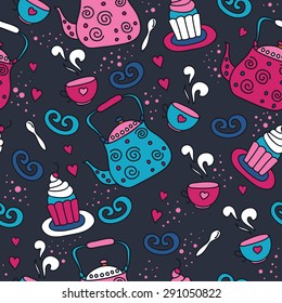 vector  colorful tea time seamless pattern with teapot,cupcake. It can be used for wallpaper, fabric design, textile design, cover, wrapping paper, banner, card, background, menu.