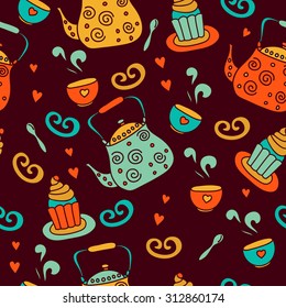 vector  colorful tea time seamless pattern with teapot,cupcake. It can be used for wallpaper, fabric design, textile design, cover, wrapping paper, banner, card, background, menu.