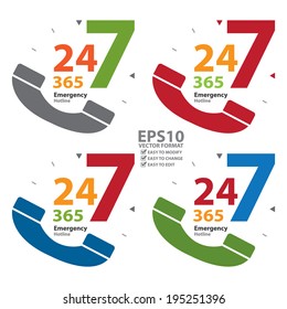 Vector : Colorful Telephone With Colorful 24 Hours A Day, 7 Days A Week, 365 Days A Year Emergency Hotline Label, Sign or Icon Isolated on White Background