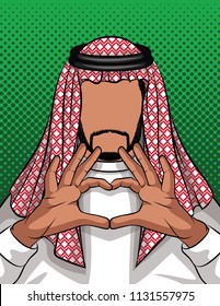 Vector colorful template of Arabic man making sign of heart from his fingers. Muslim traditional man showing love. Man from Saudi Arabia keep hands close up in heart shape