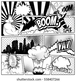 Vector Colorful Template Of Comic Book Page With Various Speech Bubbles, Rays, Stars, Dots, Halftone Background. Superhero And City Silhouette.