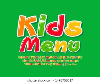 Vektorfarbige Vorlage Kids Menu mit handgeschriebener Schriftart. Kreative, helle Alphabet-Buchstaben, Zahlen und Symbole