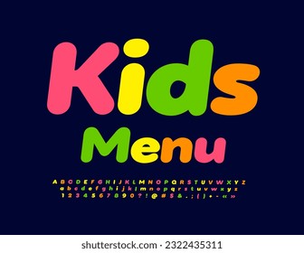 Menú de niños de plantilla de color vectorial. Moderno y brillante fuente. Juego de letras y números de alfabeto