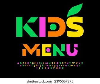 Menú infantil de plantilla de colores vectoriales con hoja decorativa. Fuente luminosa creativa. Conjunto de letras y números de alfabeto únicos