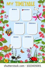 Vector colorful template planning exercise for children, school children and students with cute stylized insects on background of raspberry bushes. Back to school.