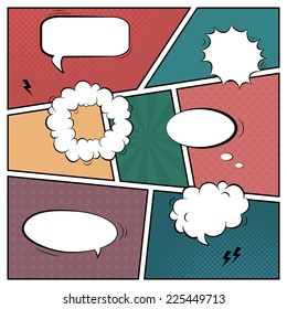 Vector colorful template of retro comic book page with various speech bubbles, rays, stars, dots, halftone background