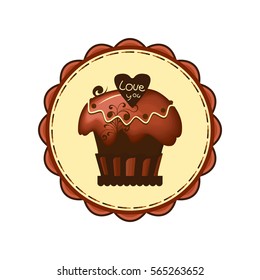 Vector colorful template, vintage round sticker, romantic sweet cake with chocolate ornaments.