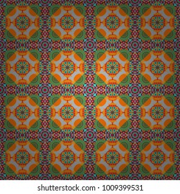 Vector colorful template for wallpaper, textile, shawl, carpet and any surface. Seamless pattern with ornamental mandalas. Blue, brown and orange filigree ornament.