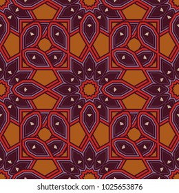 Vector colorful template for wallpaper, textile, shawl, carpet and any surface. Seamless pattern with ornamental mandalas. Orange, brown and red filigree ornament.