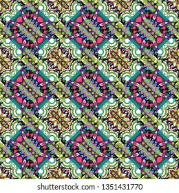Vector colorful template for wallpaper, textile, shawl, carpet and any surface. Seamless pattern with ornamental mandalas. White, green and black filigree ornament.