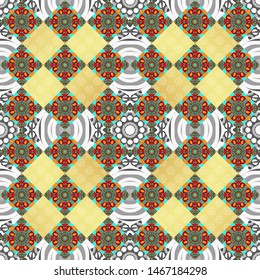 Vector colorful template for wallpaper, textile, shawl, carpet and any surface. Blue, yellow and gray filigree ornament. Seamless pattern with ornamental mandalas.