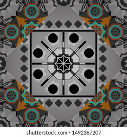 Vector colorful template for wallpaper, textile, shawl, carpet and any surface. Orange, blue and gray filigree ornament. Seamless pattern with ornamental mandalas.