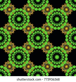 Vector colorful template for wallpaper, textile, shawl, carpet and any surface. Seamless pattern with ornamental mandalas. Black, green and orange filigree ornament.