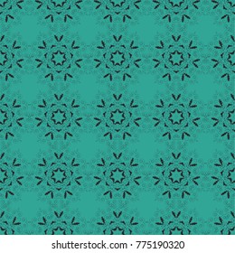 Vector colorful template for wallpaper, textile, shawl, carpet and any surface. Seamless pattern with ornamental mandalas. Blue, green and brown filigree ornament.