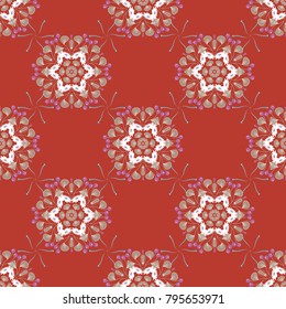 Vector colorful template for wallpaper, textile, shawl, carpet and any surface. Seamless pattern with ornamental mandalas. White, orange and beige filigree ornament.