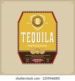 Vector colorful tequila reposado label isolated on a beige background. Distilling business branding and identity design elements.