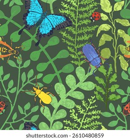 Vector Colorful Textured Background with Illustration of Insects in the Grass