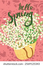 Vector Colorful Textured Illustration of Basket Bag with White Small Flowers and Hand Writting lettering - Hello Spring