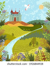 Vector colorful textured illustration of fabulous nature landscape with a castle and a pegasus. Use it as background for poster, postcard, brochure, card, banner or other graphic design