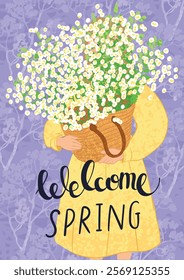 Vector Colorful Textured Illustration of a Girl Holds a Bouquet on Basket Bag of White Flowers and Hand Writting lettering - Welcome Spring