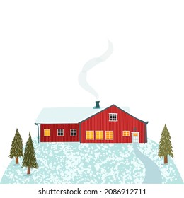 Vector colorful textured illustration of nature winter landscape with a house in the Scandinavian style, smoke from the chimney for poster, postcard, brochure, card, banner, graphic design