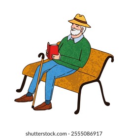 Vector Colorful Textured Illustration of Old Man is Reading a Book on a Bench Isolated on White Background