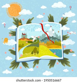 Vector colorful textured illustration of open book of fairy tales in the sky background with clouds and sun