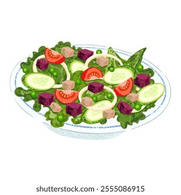 Vector Colorful Textured Illustration of Vegetable Salad in a Bowl Isolated on White Background
