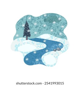 Ilustração texturizada colorida do vetor da paisagem do rio de inverno isolada no fundo branco